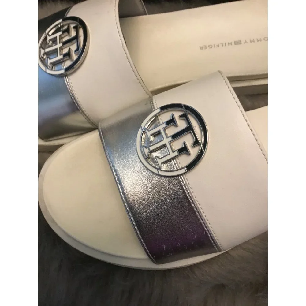Tommy Hilfiger White and Silver Slides - Picture 2 of 4
